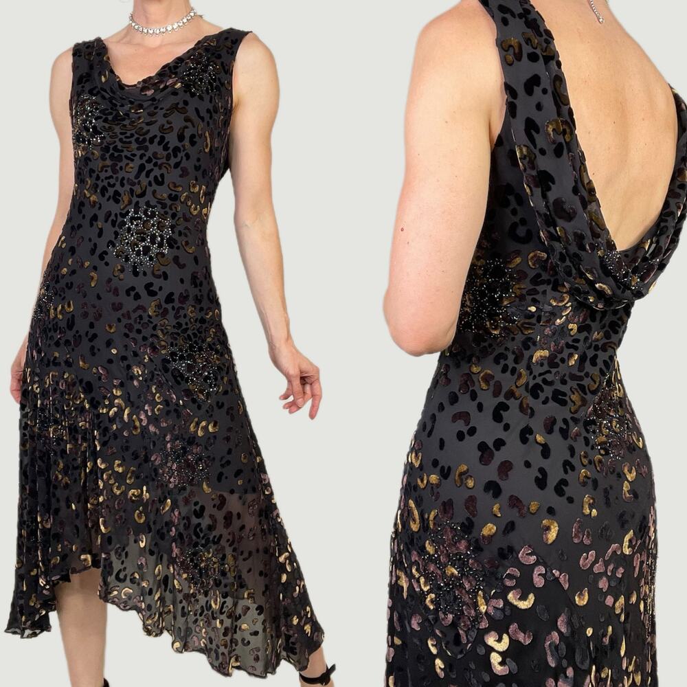 SOLD Sue Wong beaded silk velvet burnout cowl neck midi dress asymmetrical 8 - Picture 1 of 13